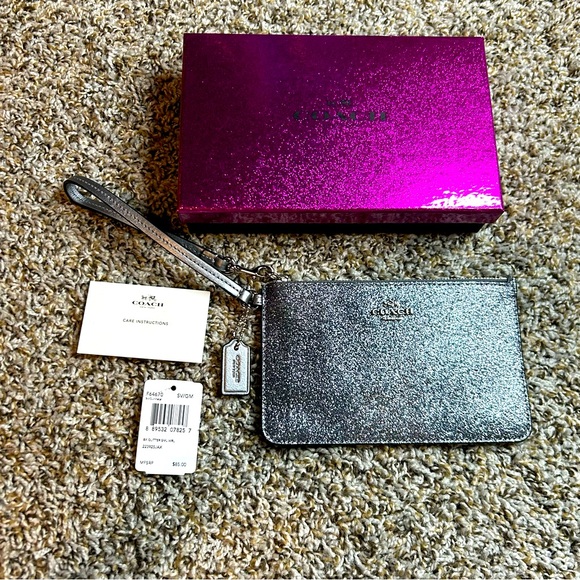 Coach Handbags - Coach Silver Glitter Small Wristlet With Box